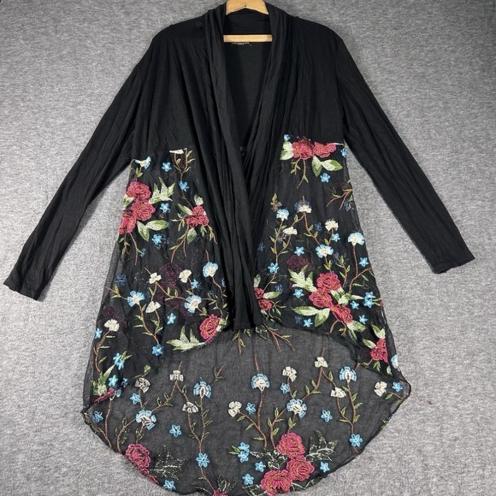VTG Women's Embroidered Floral Cardigan M Sheer Black Whimsigoth Witchy Boho